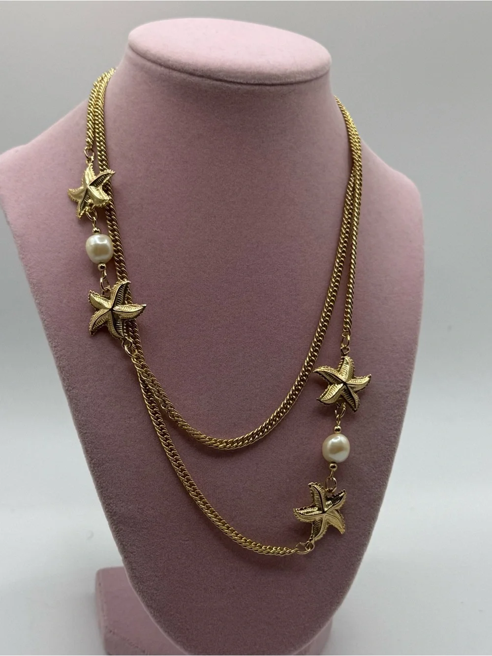 Gold Starfish & Pearl long  Necklace - Women Jewelry